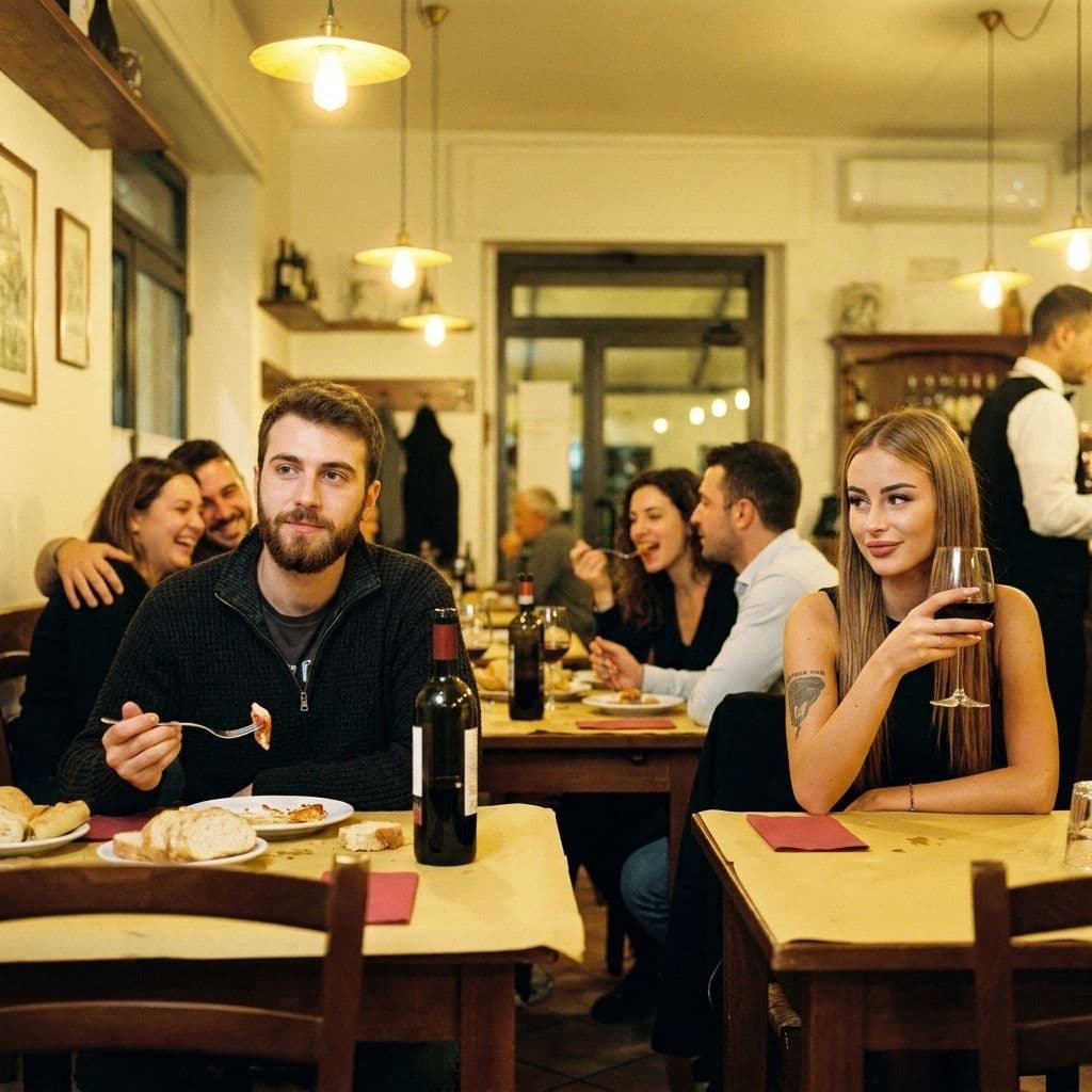 Scena in trattoria: lui al tavolo con amici in coppia, Nanda osserva dal tavolo accanto con mezzo sorriso consapevole